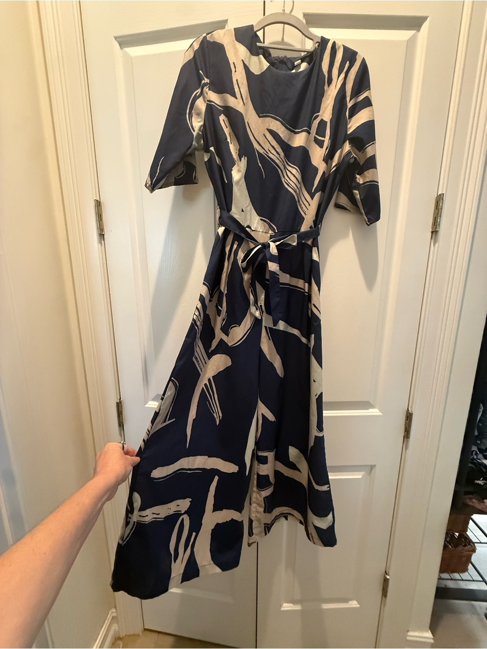 Navy & Beige Abstract Print Tie-Waist Wide-Leg Jumpsuit - Picture 2 of 5